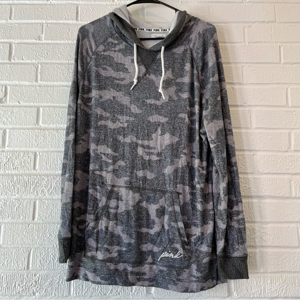 Victoria Secret Pink Oversized Fuzzy Sweatshirt Gray Camo